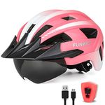 FUNWICT Adult Bike Helmet with Visor and Goggles for Men Women Mountain Road Bicycle Helmet Rechargeable Rear Light Cycling Helmet (M: 54-58 cm (21.3-22.8 inches), MixPink)