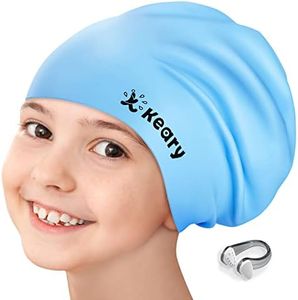 Keary Kids Swim Cap for Girls Boys Youth Kids 3-6 6-14 Swimming Caps for Long Hair Braids and Dreadlocks Afro Hair Weave Waterproof Silicone Cover Ear Bathing Pool Shower Swimming Cap to Keep Hair Dry