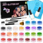 Konsait Glitter Tattoo Kit, 24 Colors Glitter Temporary Tattoo Set Body Glitter Tattoos for Kids Teenager Adult Boys Girls with 94 Tattoos Stencils, 2 Glue, 5 Brushes