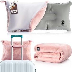 MasterManner Travel Blanket and Pillow Set — Airplane Blanket with Inflatable Pillow and Cotton Case, Compact Travel Blanket with Back-Neck Snaps for Long Flights