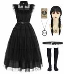 Light Up Wednesday Addams Costume Dress Girls Kids Halloween Costumes Cosplay with Belt Necklace Socks Hairband Wand DY006L