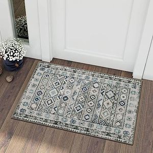 Wonnitar Boho Small Rug, 2x3 Grey Entryway Rug Washable Kitchen Rugs Mat, Non-Slip Moroccan Bathroom Accent Mat, Distressed Low Pile Indoor Carpet for Kitchen Sink Laundry Hall (Grey/Blue,2'x3')