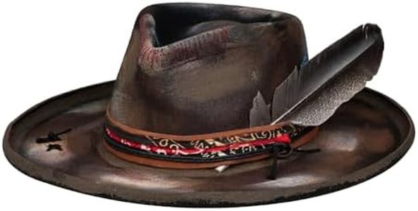 RUEDIGER Vintage Pencil Brim Fedora Hats 100% Wool Felt Hat Panama Rancher Hat with Lightning Logo Handmade Distressed/Burned Brown