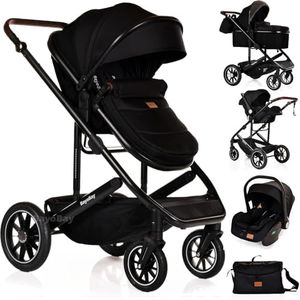 Baby 3 in 1 Travel System Pram with Car Seat Stroller 3 in 1 Buggy Pushchair Child Lightweight Folding Stroller Pram for Newborns Toddlers from Birth (Black Black Frame)
