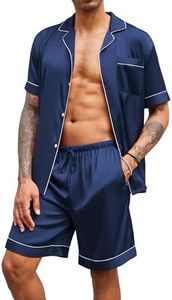 Ekouaer Mens Satin Pajamas Set Button-Down Short Sleeve Shirt Top Soft Silk Sleepwear Shorts with Pockets Navy Blue
