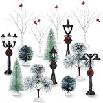 14 Pcs Christmas Accessories Village Figurine Miniature Pine Trees Snow Artificial Christmas Trees Bare Branch Trees Street Lights Lamps for Xmas DIY Crafts Winter Room Landscape (Vibrant Style)