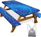 Picnic Table Cover with Bench Covers 6FT 3 Pcs Waterproof Windproof Aesthetic Camping Tablecloth with Drawstring Bag, Fitted for 6 Foot Rectangle Tables and Seats, 72 inch, Dark Blue Green