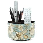 Jasenna Round Leather Art Supply Organizer,Remote Control Holder,360 Degree Rotating,Multi-Functional Pencil Holder,4 Compartments Desktop Stationary Organizer(1-Blue Bird)