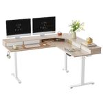 FEZIBO 160 x 60 cm L Shaped Standing Desk with 4 Drawers, Electric Standing Gaming Desk Adjustable Height, Corner Stand up Desk with Splice Board, White Frame/Light Walnut Top
