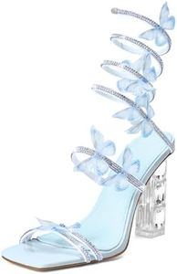 VOZTOLLS Strappy Heels for Women Rhinestone Crystal High Block Heeled Sandals Square Open Toe Sparkly Dress Prom Heels Shoes for Party Wedding Baby Blue Size 8