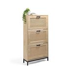 VonHaus Rattan Shoe Cabinet - Wicker Shoe Cupboard w/ 3 Pull Down Doors - Light Wood Effect Footwear Organiser - Fits Shoes Up to Size 9 - Industrial Scandi Style for Living Room & Hallway - Lena