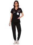 COZYFIT Scrubs for Women - V-Neck Top & Cargo Pants Scrubs Set with 10 Pockets - Black, XL
