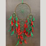 Economique® 5 Ring Dream Catchers, Wall Hangings, Home Decor, Handmade Room Decor Items for Bedroom, Balcony, Party, Cafe, Ring Beaded with Red and Green Feather (Large, 27inches) (RED Green)