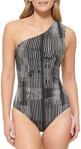 Calvin Klein Standard Shoulder Strap Starburst Pleating Removable Soft Cups One Piece Swimsuit, Black Multi Dry Brush, 14