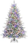 Goplus 7ft Pre-Lit Snow Flocked Christmas Tree, Artificial Hinged Full Xmas Tree with 350 Multicolored LED Lights, 8 Lighting Modes, 1164 PVC & PE Tips, Lighted Fake Christmas Tree for Office Home