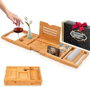 SereneLife Bamboo Bathtub Caddy with Adjustable Length, Non-Slip Handles, Integrated Device Holder and Wine Glass Slot - Expandable Design for Comfortable Bathing