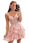 Off Shoulder Sequin Homecoming Dresses Tiered Lace Short A Line Prom Dress for Teens Sparkly Cocktail Party Gowns, Dusty Rose, 26 Plus