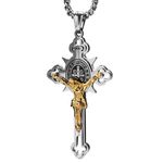 bahamut Jesus INRI Crucifix Saint St. Cross Pendant Necklace for Men Boys Stainless Steel Religious Jewelry Rolo Chain (Silver Gold Cross)