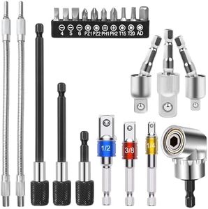 Flexible Drill Bit Extension Set - Right Angle Drill Attachment, Flexible Screwdriver Extension, Universal Socket Adapters, 1/4 3/8 1/2" Adapters, 360° Rotatable Tools, Magnetic Screwdriver Bits