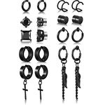 9 Pairs Magnetic Stud Earrings Stainless Steel Feather Dangle Hinged Earring CZ Magnet Earring Non-Piercing Cross Dangle Hoop Earring Set, Black