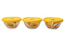 Rufica ® Oven and Microwave Safe Modern Round Mixing Glass Bowl with Air Tight Color Lid ( 210 ml , Transparent , Set of 3 Pcs )