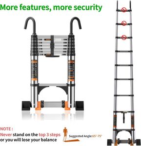 3.2M Telescopic Ladder – Stainless Steel Loft Ladder with Stabilizer Bar & Hooks