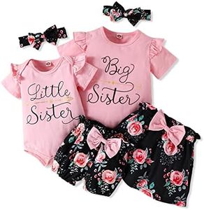 AMAWMW Big Sister Little Sister Matching Outfits Romper/Shirt+Shorts/Skirt+Headband Toddler Baby Girl Summer Clothes, Pink, 3-6 Months