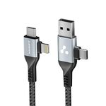 Ambrane 4 in 1 Multi-Functional Charging Cable | Fast Charging & Data Sync | Universal USB, Type-C, Lightning Cable | Compatible with Android, iPhone, Tablets, and USB-C Devices (AC4CL-15, Silver)