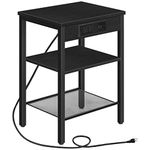 HOOBRO End Table with Charging Station and USB Ports, 3-Tier Nightstand with Adjustable Shelves, Narrow Side Table for Small Space in Living Room, Bedroom and Balcony, Black BB112BZ01