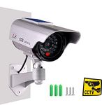 Dummy Fake Security Camera,ISEEUSEE Solar Powered Fake Surveillance Camera with Flash LED Dummy Bullet Simulated CCTV Camera,Indoor Outdoor Use Good for Home/Office/Shop/Garage - Silver Color