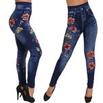 Fioeyr Women Denim Jeans Leggings Jeggings Skinny Pants High Waisted Stretchy Denim Printed Flowers Pants Denim Look Ripped Legging Jeggings
