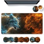 DHEEBFWE Keyboard Mouse Pad Set,Large Desk Pad+Keyboard Wrist Rest+Mouse Pad Wrist Support+Coaster,Easy Typing Pain Relief Non-Slip Mousepad Wrist Support Mousepad Set Home Office,Fire with Ice Wolf