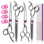 FOGOSP Professional Dog Grooming Scissors Kit 7.5 in Curved Thinning Straight Chunker Shears and Comb 5pcs Set for Grooming Big Dogs Poodle Pet Japan 440C Stainless Steel(7.5'',Kit)