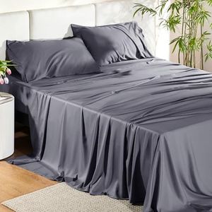 Bedsure Queen Sheet Set, Cooling Sheets for Queen Size Bed Set, Rayon Derived from Bamboo, Breathable & Soft Deep Pocket Up to 16 Inches, Hotel Luxury Silky Bedding, Bedsheet & Pillowcases, Dark Grey