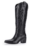 Pasuot Western Cowboy Boots for Women,Knee High Cowgirl Boots with Side Zip and Embroidered, Black, 6 UK