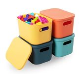 HapiLeap Storage Boxes With Lids, Stackable Plastic Storage Baskets for Shelves Kitchen Bathroom Playroom Classroom Office Nursery, 24.5x 17.5 x16cm, (Small (4 PCS))