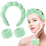 YUXIANLB Sponge Spa Headbands for Washing Face Puffy Makeup Removal Headband Wristband Set for Women Girls Terry Towel Cloth Non Slip Headwear Bubble Skincare Shower Headband for Facials (Green)