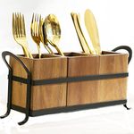 CARTADEN Utensil Caddy Cutlery Holder with 3 Compartment Utensil Crock Flatware Organizers with Metal Tray Rustic Kitchen Utensil Organizers for Farmhouse Kitchen and Countertop (Acacia Wood)