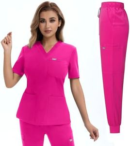 YEZEX Women's Medical Scrub Set, V-Neck Top & Jogger Pants, 10 Pockets, Hot Pink