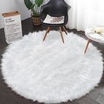 TENNOLA White Round Rugs for Bedroom, 5x5 Feet Fluffy Circle Rug for Kids Room, Furry Carpet for Teen's Room, Shaggy Circular Rug for Nursery Room, Fuzzy Plush Rug for Dorm, White Carpet