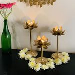 Easyera Iron Lotus Golden Tealight Candle Holder Shaped Stand, Set of 3 Home Decoration, Diwali,Ganesh Chaturthi, Festival Occasions Size 12,10,8 Inch