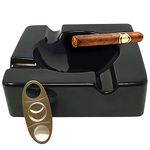 Cigar Ashtray Outdoors Ash Tray - 8.5 inch Ceramic Ashtrays Bundled with Cigar Cutter Stainless Steel - Black Glossy Cigar Rest for Indoor, Outdoor, Patio, Home, Office Use - Cigar Accessories Gifts