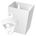 White Cast Iron Open Here Bottle Opener Wall Mounted with Narrow Stainless Removable Cap Catcher Set by Jumiok