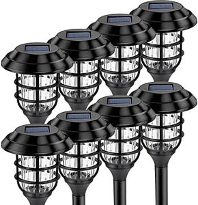 GIGALUMI Paquete de 8 luces solares de camino para exteriores, luces de jardín alimentadas por energía solar, luces de camino LED impermeables para patio, césped, patio y paisaje (blanco frío)