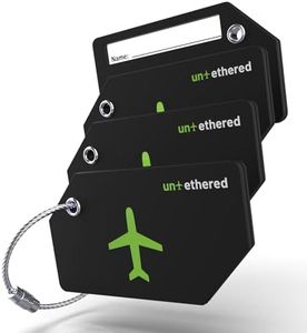 Untethered Luggage Tag Set | 4 Pack Flexible & Bright Silicone Baggage Tags for Travel & Suitcases. Includes Name Cards with Partial Privacy Cover & Stainless Steel Loops for Secure Fastening (Black)