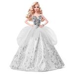 Barbie Signature 2021 Holiday Barbie Doll (12-inch, Blonde Wavy Hair) in Silver Gown, with Doll Stand and Certificate of Authenticity, Gift for 6 Year Olds and Up