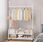 Lukzer 2-Bottom Garment Rack & Cloth Stand: Metal Coat Organizer with Wheels for Hanging Clothes, Bags, Multi-Functional Closet Organizer with Single Rod, Shelf & Mesh Design (White, 173x120x35 cm)