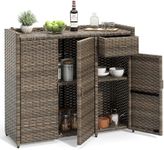 YITAHOME Outdoor Storage Cabinet, Weather-proof Rattan Bar Table with Two Doors, Adjustable Shelves & Foldable Drawer, Wicker Patio Storage Box for Outdoor Cushions, Pool Toys and Garden Tools - Brown