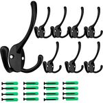 8 PCS Entry Way Coat Hooks Wall Mounted, Black Hooks for Hanging Coats, Big Rustic Wall Hook Rack, 3 Prong Heavy Duty Hardware Robe Hooks for Coat, Bag, Towel