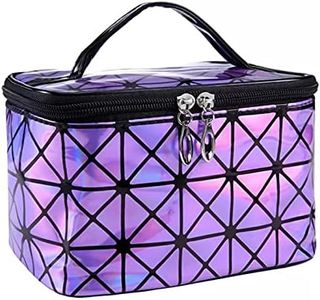 Makeup Bag, Fashion Holographic Cosmetic Case Train Travel Accessories Bag with Mirror, Large Toiletry Bag Makeup Brush Organizer for Women Girls